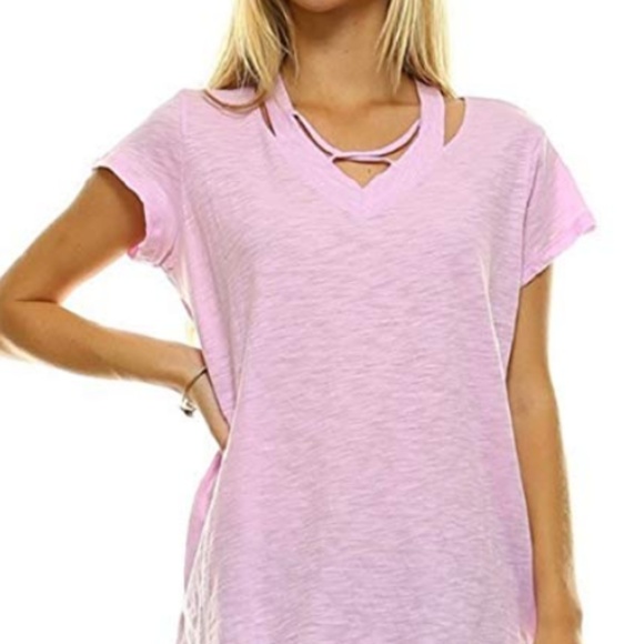 Flower of the Desert Tops - L Ma Belle Cold Shoulder V Neck Tee Shirt Cotton